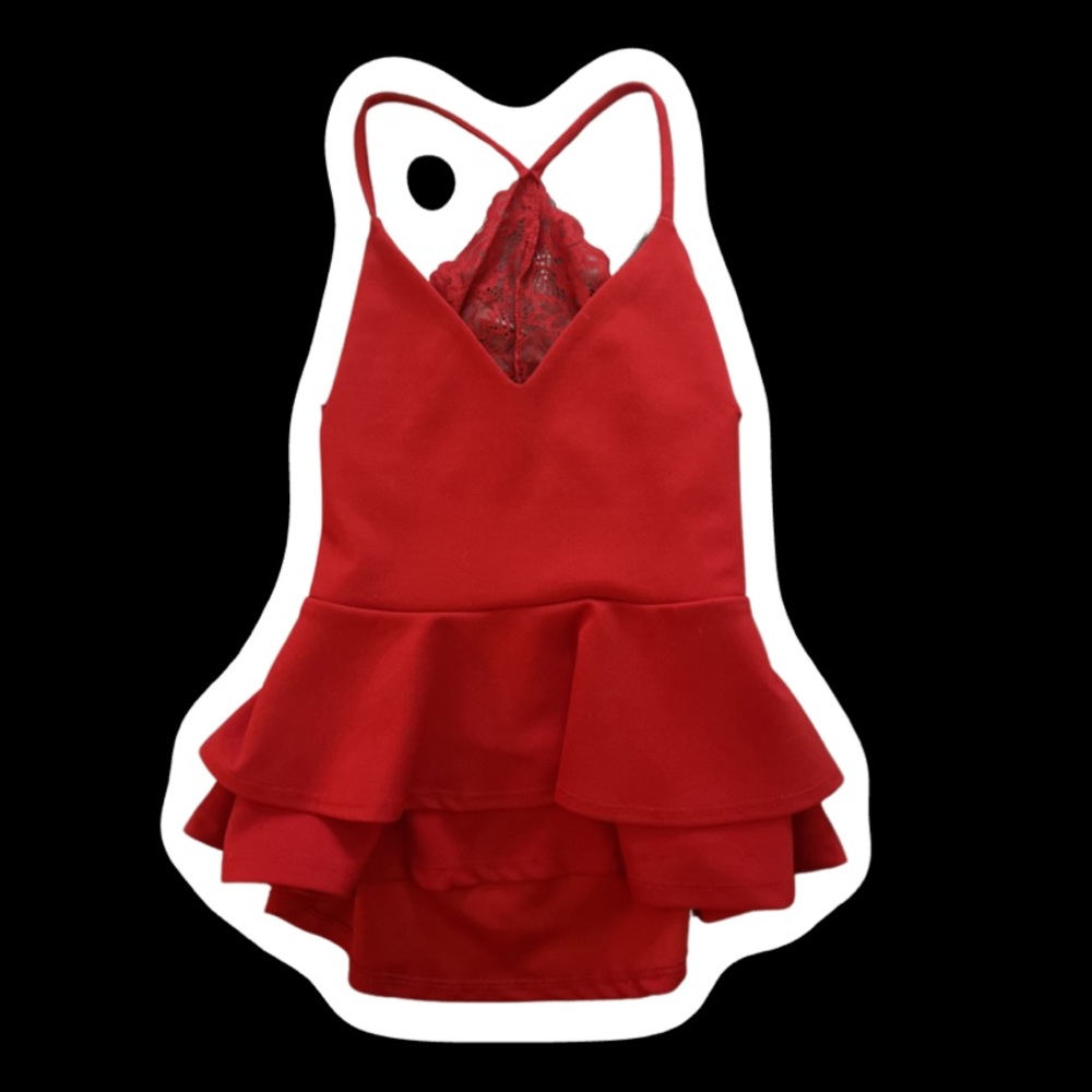 FASHION NOVA RED PEPLUM TOP WITH LACE AND OPEN BACK IN SIZE M (w/ stretch!)